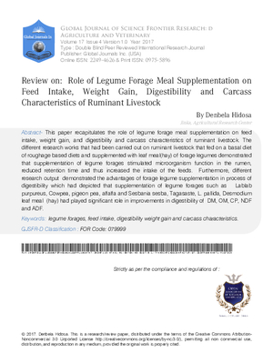 Review on: Role of Legume Forage Meal Supplementation on Feed Intake, Weight Gain, Digestibility and Carcass Characteristics of Ruminant Livestock