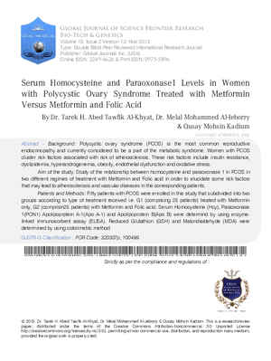 Serum Homocysteine and Paraoxonase1 Levels in Women with Polycystic Ovary Syndrome Treated with Metformin Versus Metformin and Folic Acid