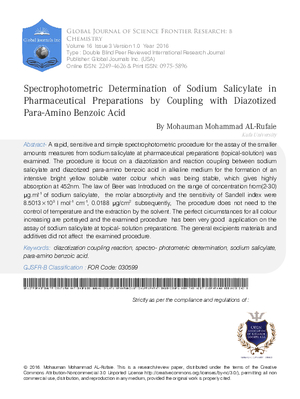 Spectrophotometric Determination of Sodium Salicylate in Pharmaceutical Preparations by Coupling with Diazotized Paraamino Benzoic Acid