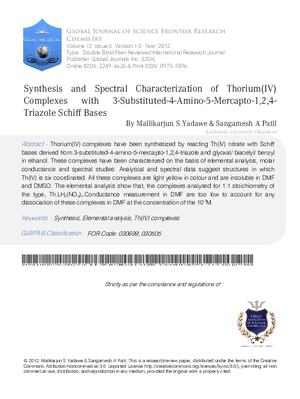 Synthesis and Spectral Characterization Of Thorium (IV) Complexes With 3-Substituted-4-Amino-5-Mercapto-1,2,4-Triazole Schiff Bases