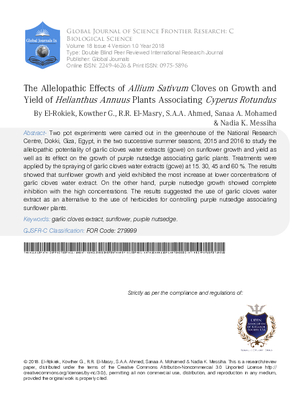 The Allelopathic effects of Allium sativum cloves on growth and Yield of Helianthus Annuus Plants Associating Cyperus rotundus