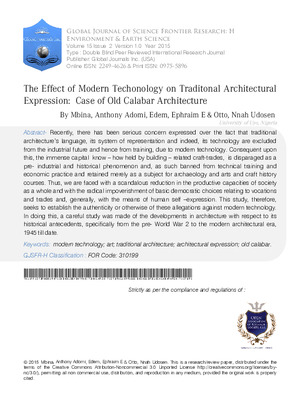 The Effect of Modern Techonology on Traditonal Architectural Expression: Case of Old Calabar Architecture