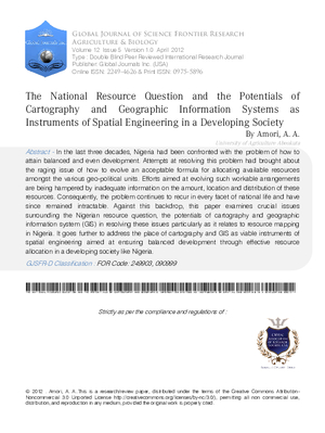 The National Resource Question and the Potentials of Cartography and Geographic Information Systems as Instruments of Spatial Engineering in a Developing Society