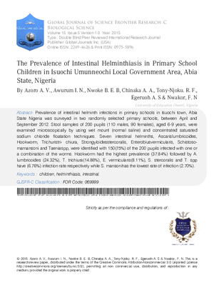 The Prevalence of Intestinal Helminthiasis in Primary School Children in Isuochi Umunneochi Local Government Area, Abia State, Nigeria