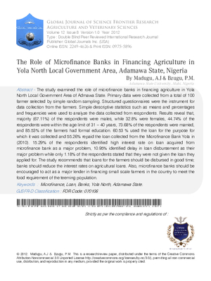 The Role of Microfinance Banks in Financing Agriculture in Yola North Local Government Area, Adamawa State, Nigeria