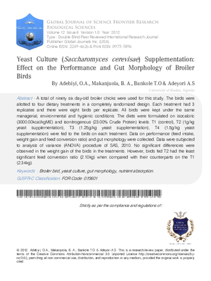 Yeast Culture (Saccharomyces Cerevisae) Supplementation: Effect on the Performance and Gut Morphology of Broiler Birds