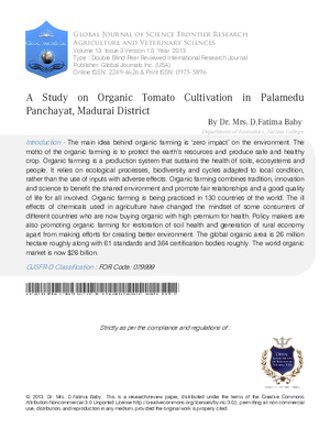 A Study on Organic Tomato Cultivation in Palamedu Panchayat, Madurai District
