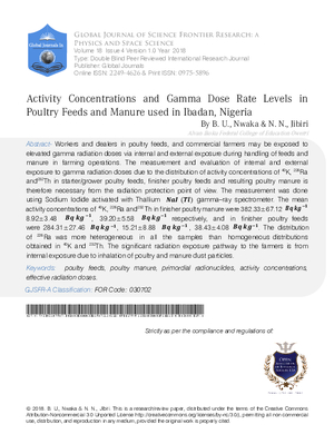 Activity Concentrations and Gamma Dose rate Levels in Poultry  Feeds and Manure used in Ibadan, Nigeria