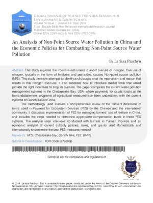 An Analysis of Non-Point Source Water Pollution in China and the Economic Policies for Combatting Non-point Source Water Pollution
