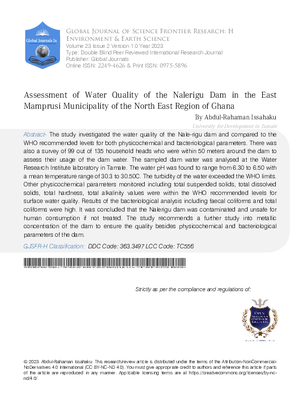 Assessment of Water Quality of the Nalerigu dam in the East Mamprusi Municipality of the North East Region of Ghana