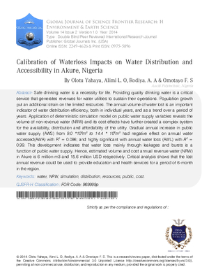 Calibration of Waterloss Impacts on Water Distribution and Accessibility in Akure, Nigeria
