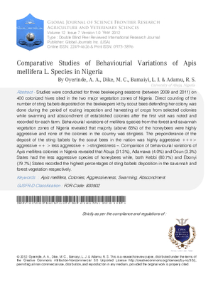Comparative Studies of Behaviourial Variations of Apis mellifera L. Species in Nigeria