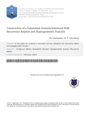 CONSTRUCTION OF A SUMMATION FORMULA INTERLACED WITH  RECURRENCE RELATION AND HYPERGEOMETRIC FUNCTION