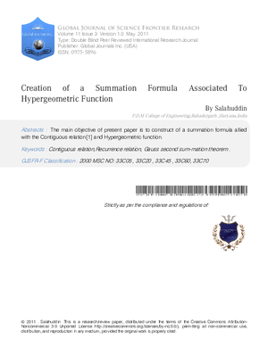 CREATION OF A SUMMATION FORMULA ASSOCIATED TO HYPERGEOMETRIC FUNCTION