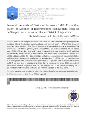 Economic Analysis of Cost and Returns of Milk Production, Extent of Adoption of Recommended Management Practices on Sample Dairy Farms in Bikaner District of Rajasthan