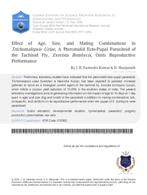 Effect of Age, Size, and mating Combinations in Trichomalopsis Uziae, A Pteromalid Ecto-Pupal Parasitoid of the Tachinid Fly, Exorista Bombycis, on its Reproductive Performance