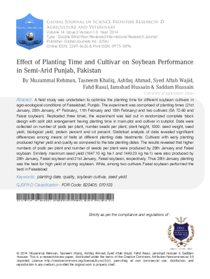 Effect of Planting Time and Cultivar on Soybean Performance in Semi-Arid Punjab, Pakistan
