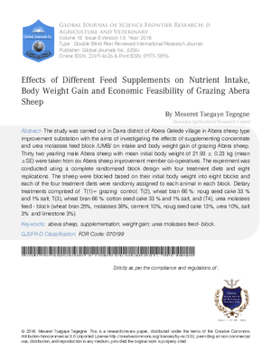 Effects of Different Feed Supplements on Nutrient Intake, Body Weight Gain and Economic Feasibility of Grazing Abera Sheep