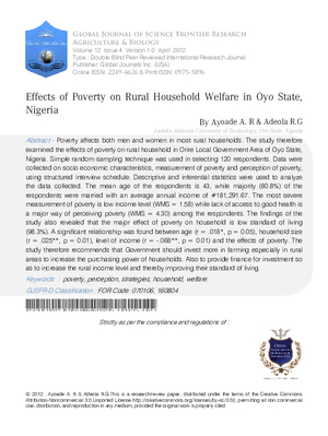 Effects Of Poverty On Rural Household Welfare In Oyo State, Nigeria
