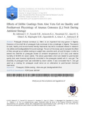 Effects of Edible Coatings from Aloe Vera Gel on Quality and Postharvest Physiology of Ananas Comosus (L.) Fruit During Ambient Storage