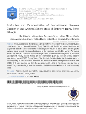 Evaluation and Demonstration of Potchefstroom Koekoek Chicken in and around Mehoni Areas of Southern Tigray zone, Ethiopia