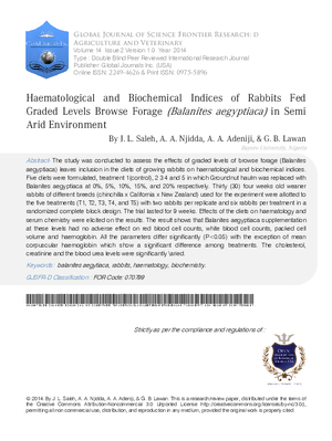 Haematological and Biochemical Indices of Rabbits Fed Graded Levels Browse Forage ( Balanites aegyptiaca) in Semi Arid Environment