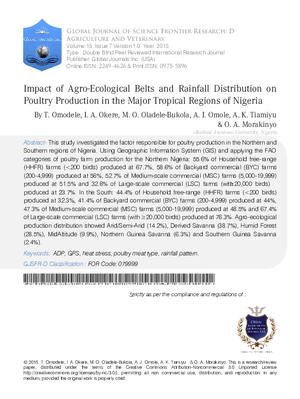 Impact of Agro-Ecological Belts and Rainfall Distribution on Poultry Production in the Major Tropical Regions of Nigeria