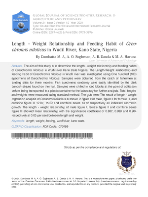 Length - Weight Relationship and Feeding Habit of Oreochromis niloticus in Wudil River,  Kano State, Nigeria