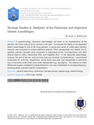 Mozingo Studies II.  Similarity of the Planktonic and Deposited Diatom Assemblages