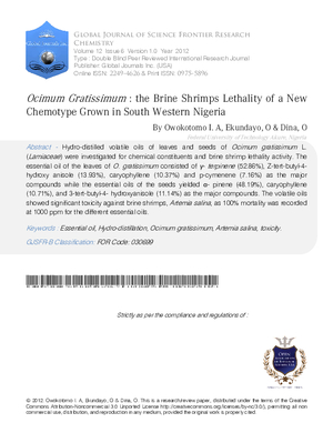Ocimum Gratissimum: The Brine Shrimps Lethality of a New Chemotype Grown in South Western Nigeria