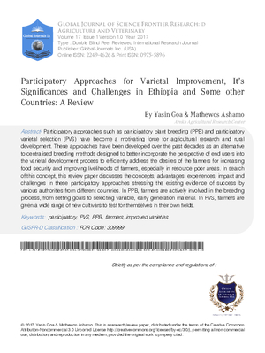 Participatory Approaches for Varietal Improvement, Itas Significances and Challenges in Ethiopia and Some Other Countries: A Review