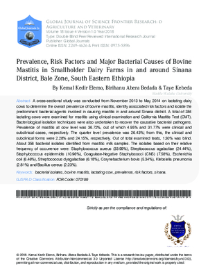 Prevalence, Risk Factors and Major Bacterial Causes of Bovine Mastitis in Smallholder Dairy Farms in and around Sinana District, Bale Zone, South Eastern Ethiopia