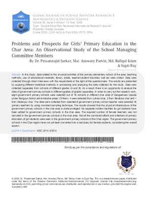 Problems and Prospects for Girls Primary Education in the Char Area: An Observational Study of the school managing committee Members