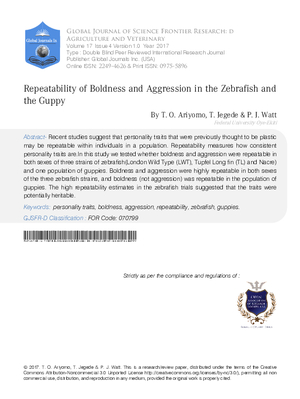 Repeatability of Boldness and Aggression in the Zebrafish and the Guppy