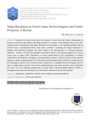 Striga Resistance in Cereal Crops: Recent Progress and Future Prospects. A Review