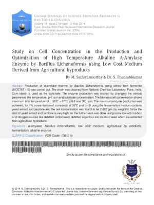 Study on Cell Concentration in the Production and Optimization of High Temperature Alkaline  I-Amylase Enzyme by Bacillus Lichenoformis using Low Cost Medium Derived from Agricultural by products