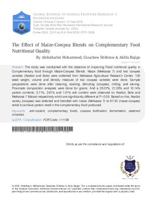 The Effect of Maize-Cowpea Blends on Complementary Food Nutritional Quality