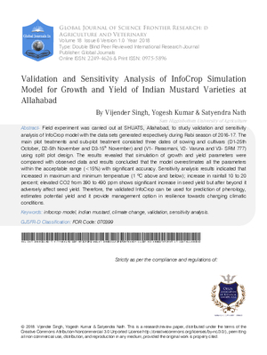 Validation and Sensitivity Analysis of Infocrop Simulation Model for Growth and Yield of Indian Mustard Varieties at Allahabad