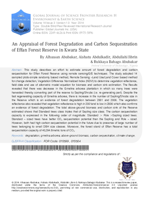 An Appraisal of Forest Degradation and Carbon Sequestration of Effan Forest Reserve in Kwara State