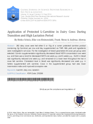 Application of Protected L-Carnitine in Dairy Cows during Transition and High Lactation Period