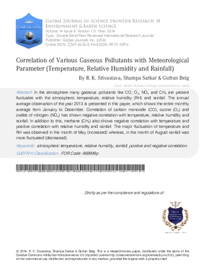 Correlation of Various Gaseous Pollutants with Meteorological Parameter (Temperature, Relative Humidity and Rainfall)
