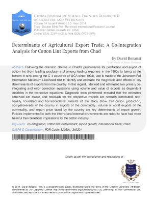 Determinants of Agricultural Export Trade: A Co-Integration Analysis for Cotton Lint Exports from Chad