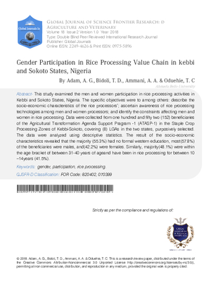 Gender Participation in Rice Processing Value Chain in Kebbi and Sokoto States Nigeria