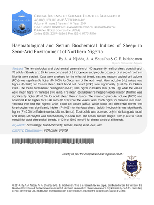 Haematological and Serum Biochemical Indices of Sheep in Semi-Arid Environment of Northern Nigeria