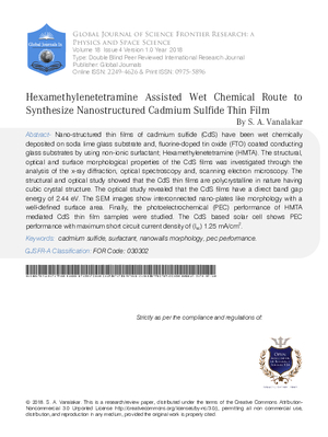 Hexamethylenetetramine Assisted Wet Chemical Route to Synthesize  Nanostructured Cadmium Sulfide Thin Film