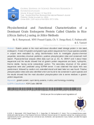 Physiochemical and Functional Characterization of a Dominant Grain Endosperm Protein Called Glutelin in Rice (Oryza Sativa L.) Using in Silico Methods