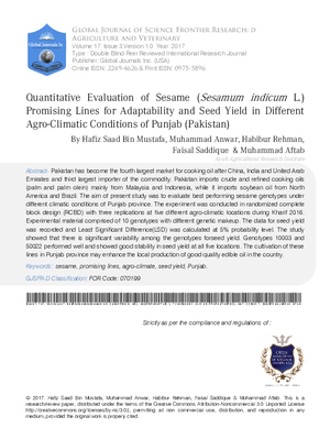 Quantitative Evaluation of Sesame (Sesamumindicum L.) Promising Lines for Adaptability and Seed Yield in Different Agro-Climatic Conditions of Punjab (Pakistan)