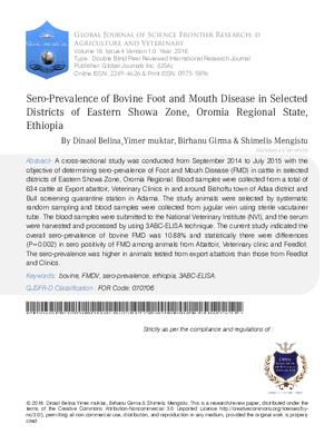 Sero-Prevalence of Bovine Foot and Mouth Disease in Selected Districts of Eastern Showa Zone, Oromia Regional State, Ethiopia.