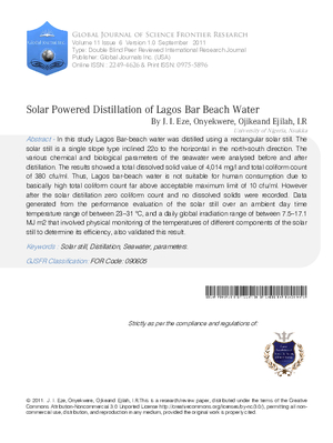 Solar Powered Distillation of Lagos Bar Beach Water