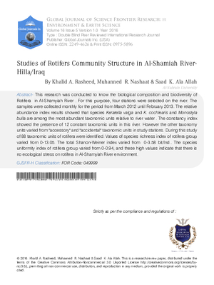 Studies of  Rotifers Community Structure in Al-Shamiah River-Hilla/Iraq